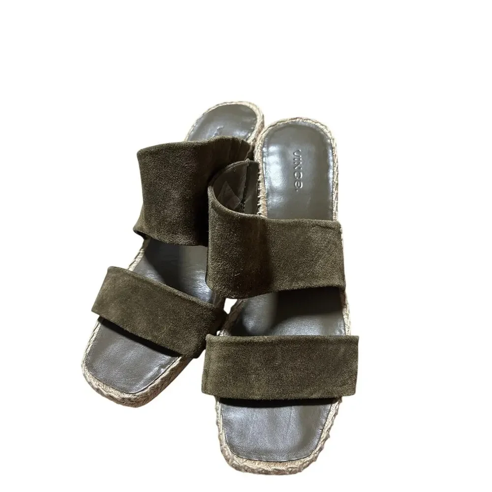 Vince Olive Suede Double Strap Espadrille Wedge Slides 8
